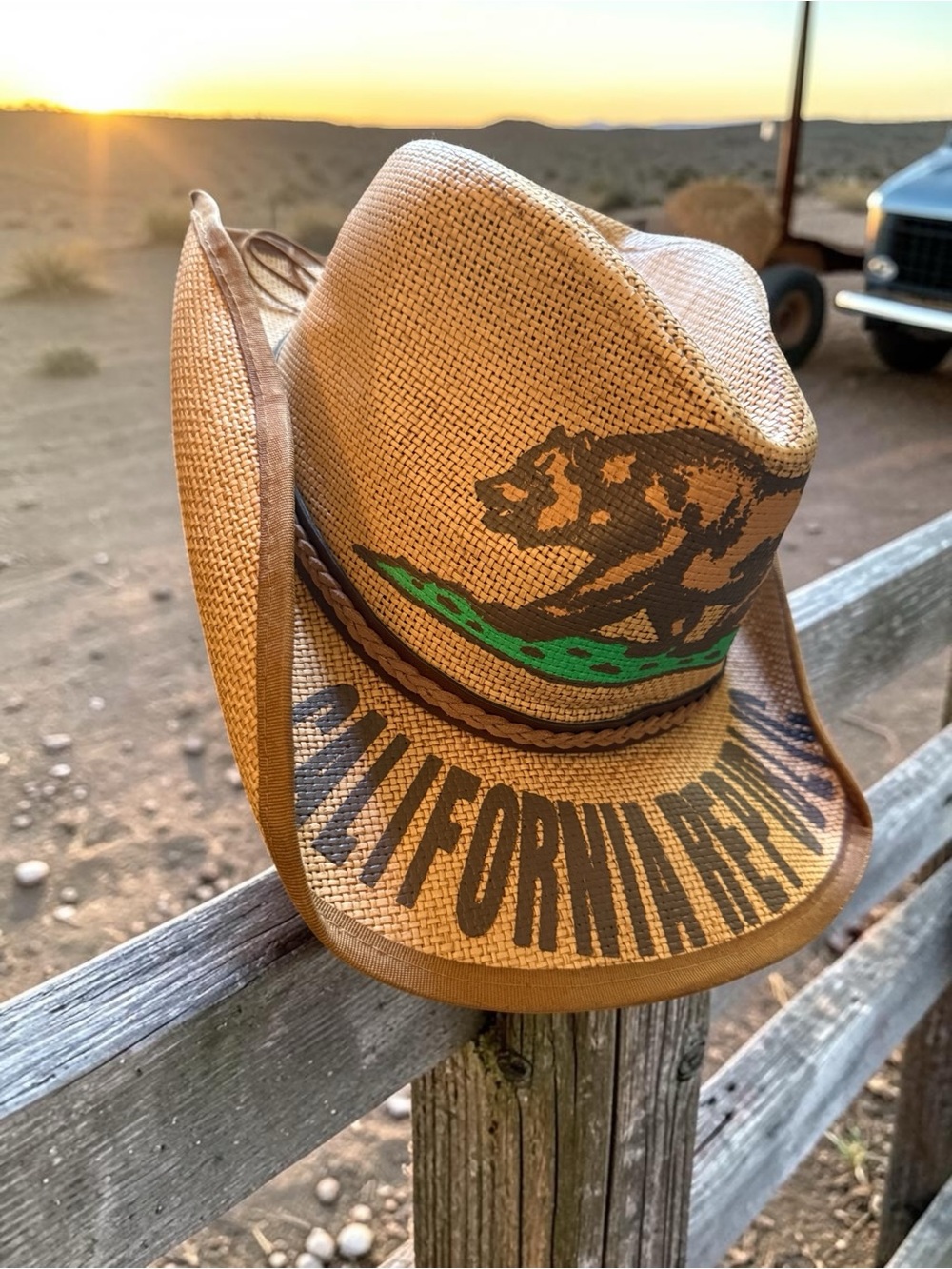 California Republic Straw Cowboy Hat with Bear Graphic